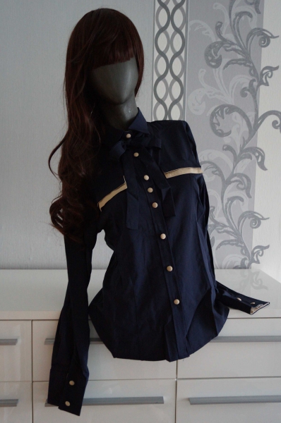 Wunderschöne zweifarbige Bluse Blau Ocker mit Schleife L XL 40 42
