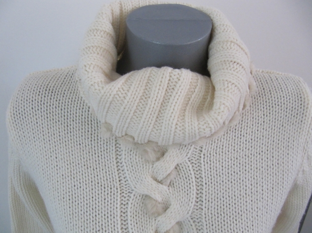 VINTAGE PULLI WOLLWEISS CREME GROBSTRICK ZOPF MIT FELL ROLLI 