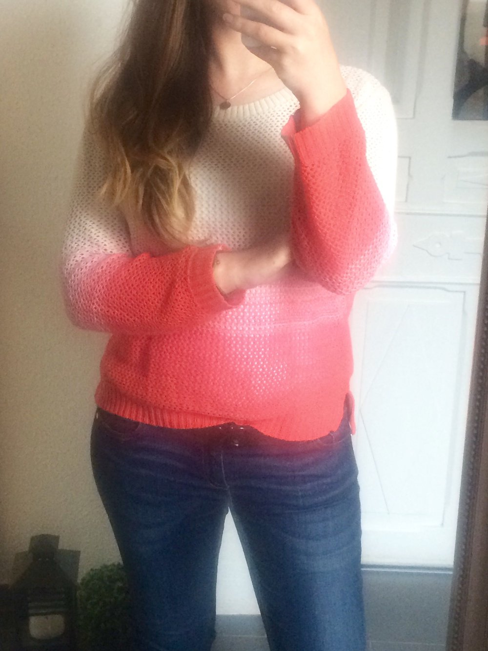 Dip-Dye Strickpullover Pulli Lachs/orange-weiss Gr. S/M