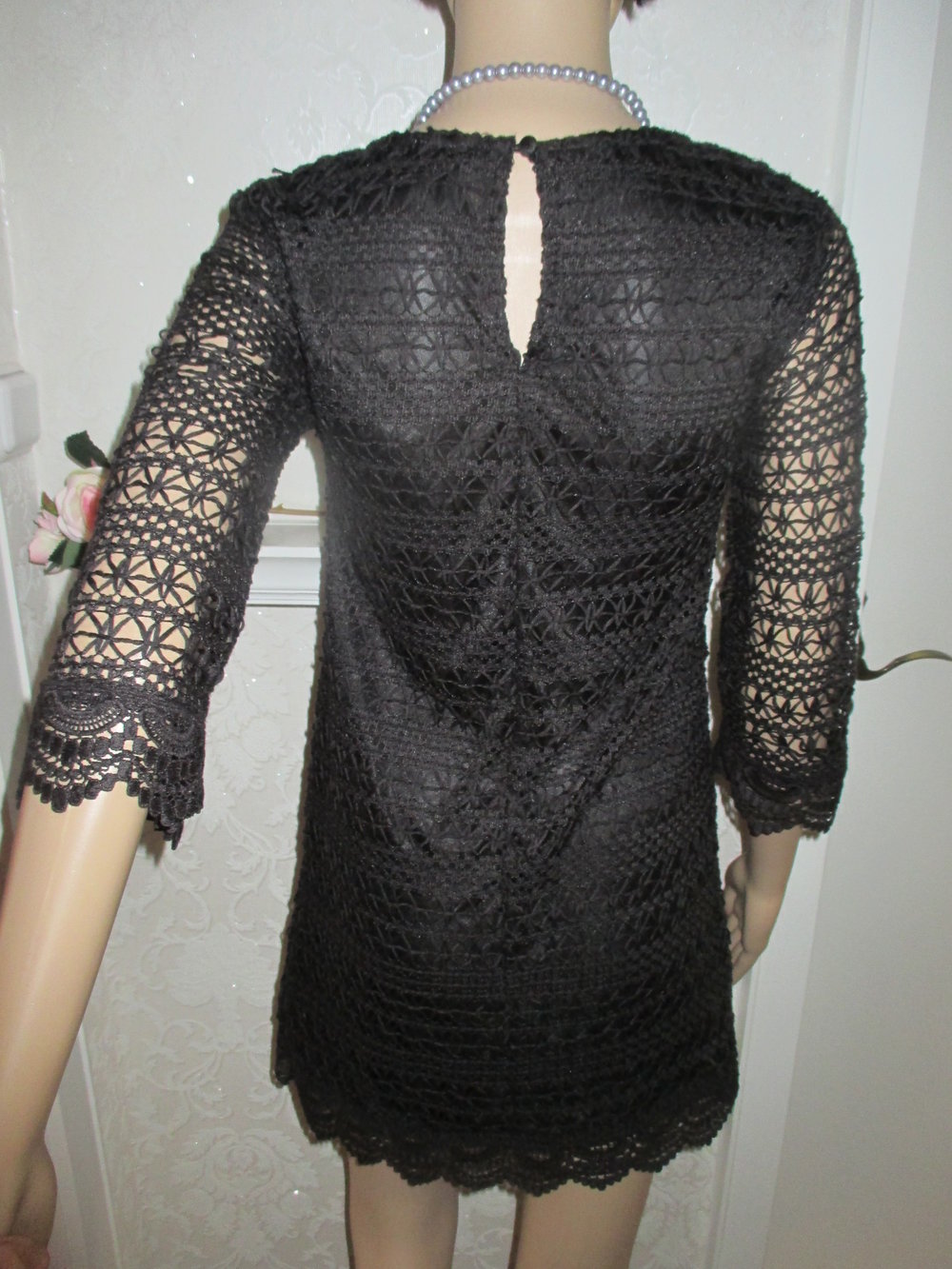 NEU 60er Jahre Boho Hippie Look Lace- Spitzen Häckel Etui Mini Kleid 