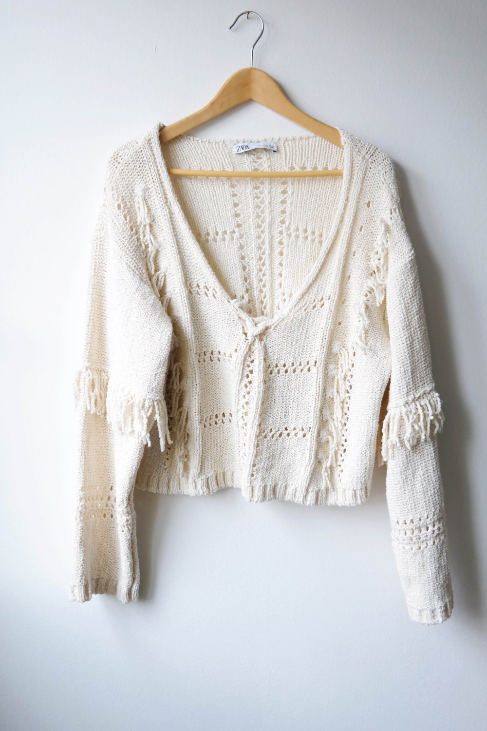 Zara Hippie Pullover Fransen weiß creme V-Ausschnitt locker oversized Lochmuster L 40