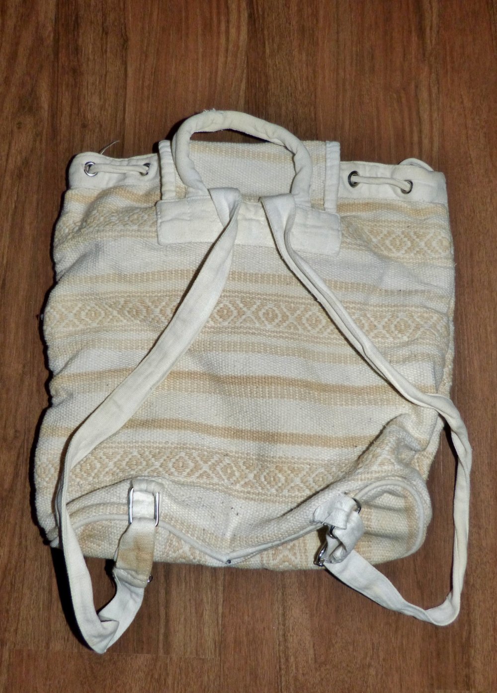 Stoffrucksack beige, mit zwei Vordertaschen, Vintage, Ethno