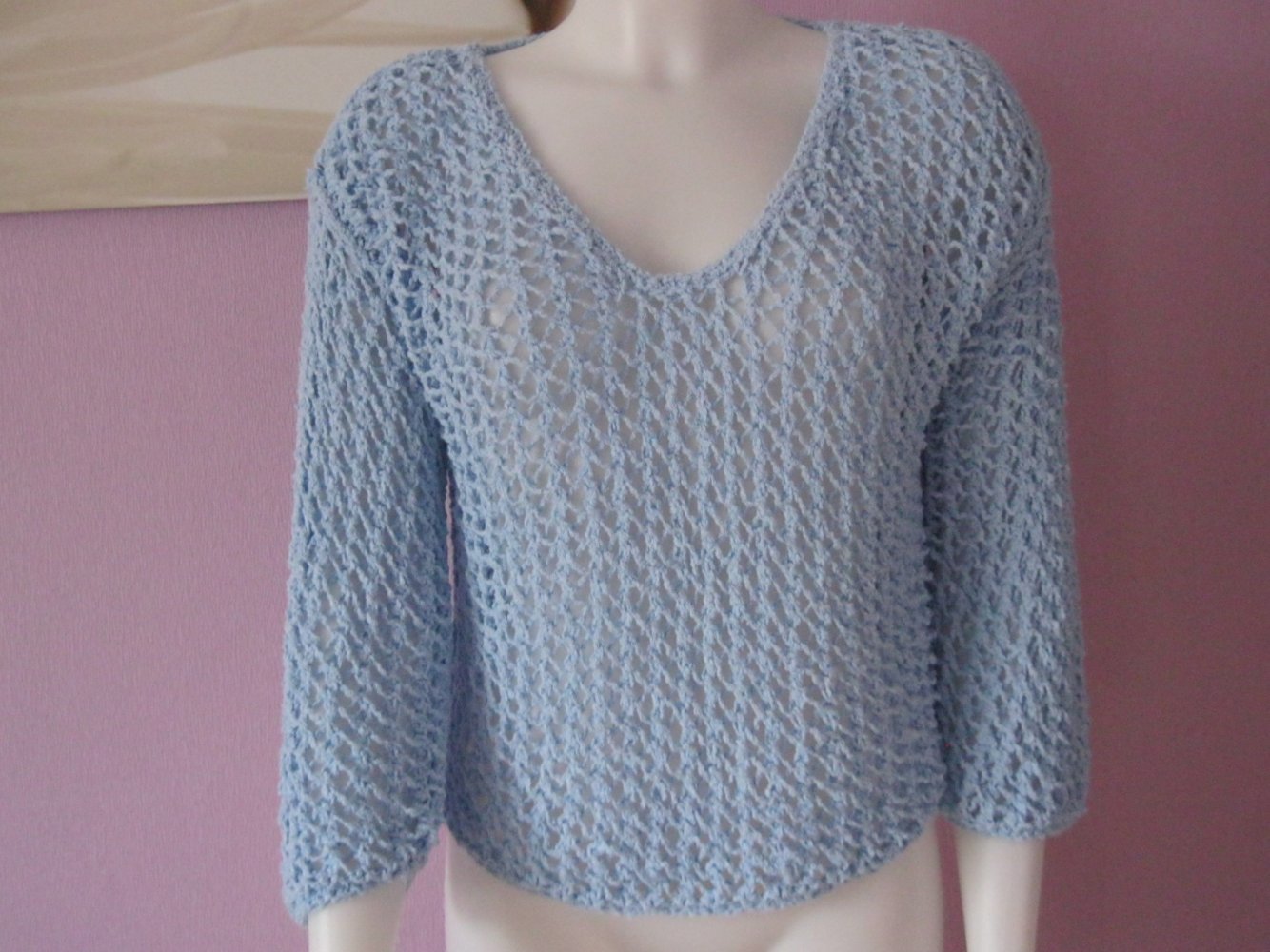 NEU Strickpulli Netzoptik Handmade Unikat Hellblau Viskose S-L