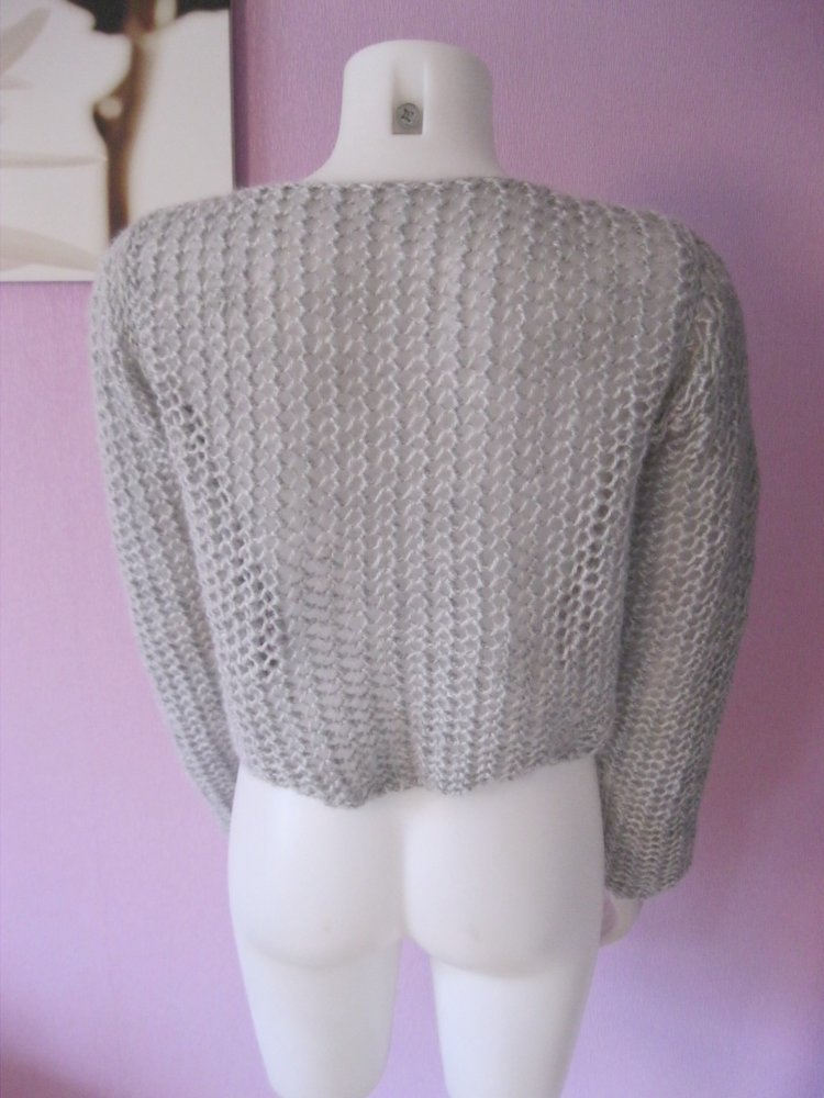 NEU Kurzpullover Handmade Netzmuster Mohair-Optik Silbergrau M-L