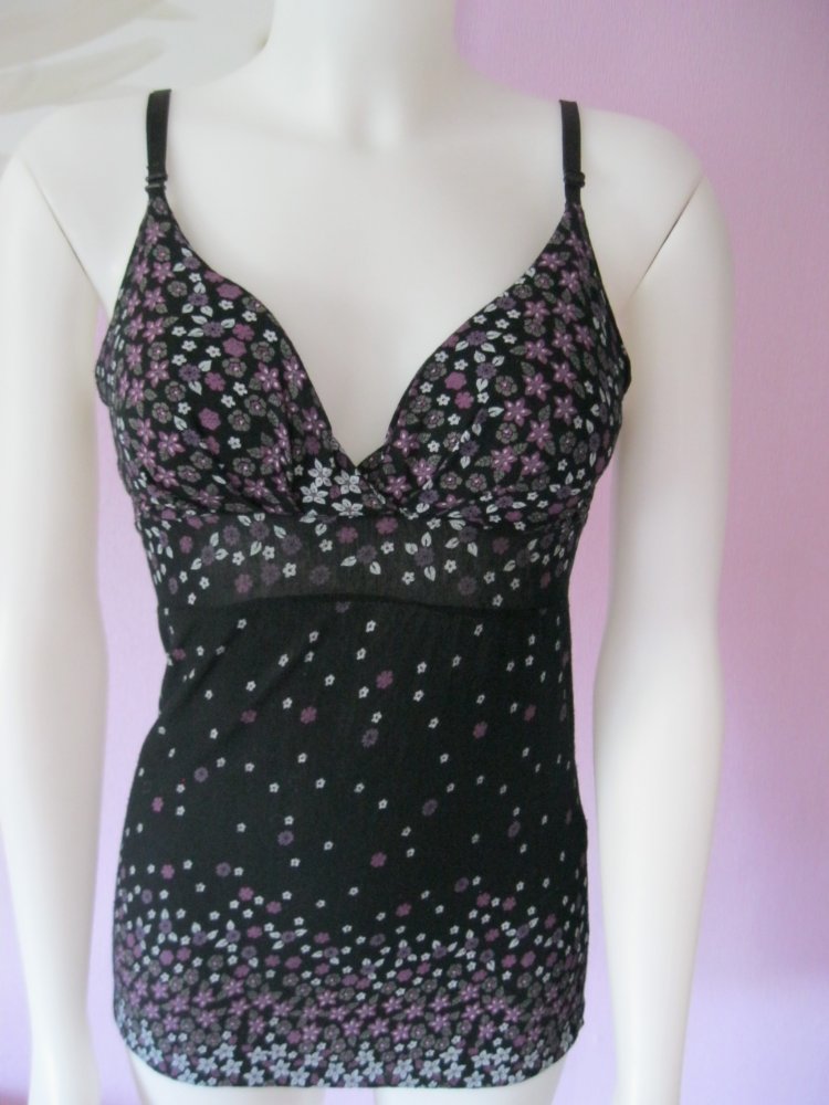 Spaghetti -Top # schwarz/Blumenprint # XS-M
