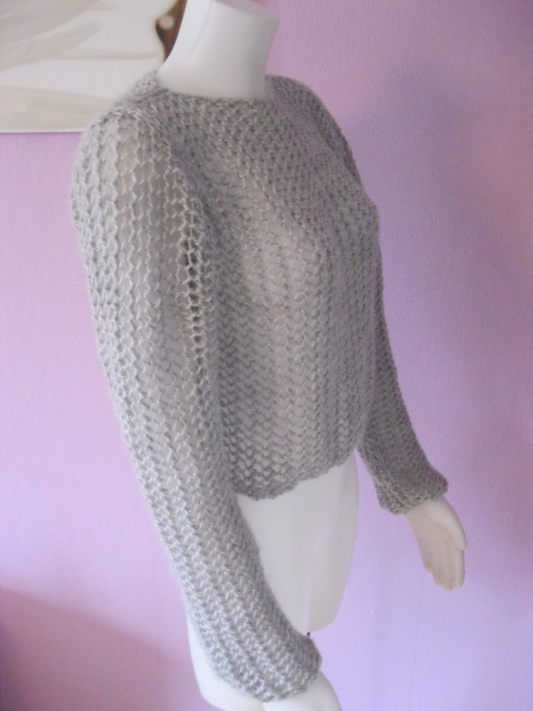 NEU Kurzpullover Handmade Netzmuster Mohair-Optik Silbergrau M-L