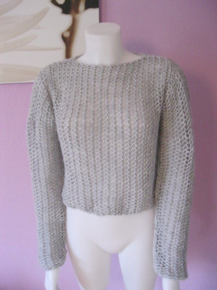 NEU Kurzpullover Handmade Netzmuster Mohair-Optik Silbergrau M-L