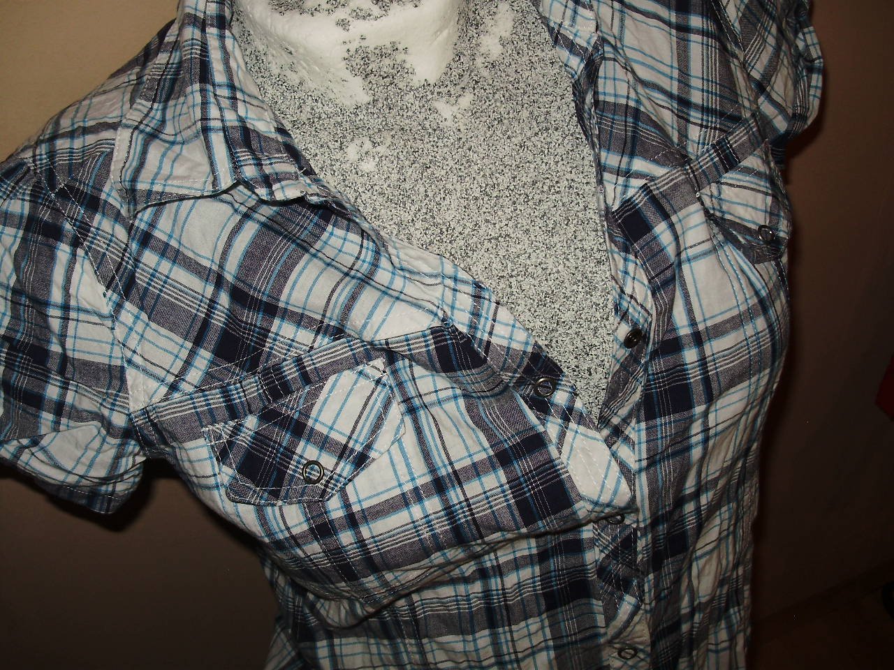 Bluse Kurzarm Karo blau S