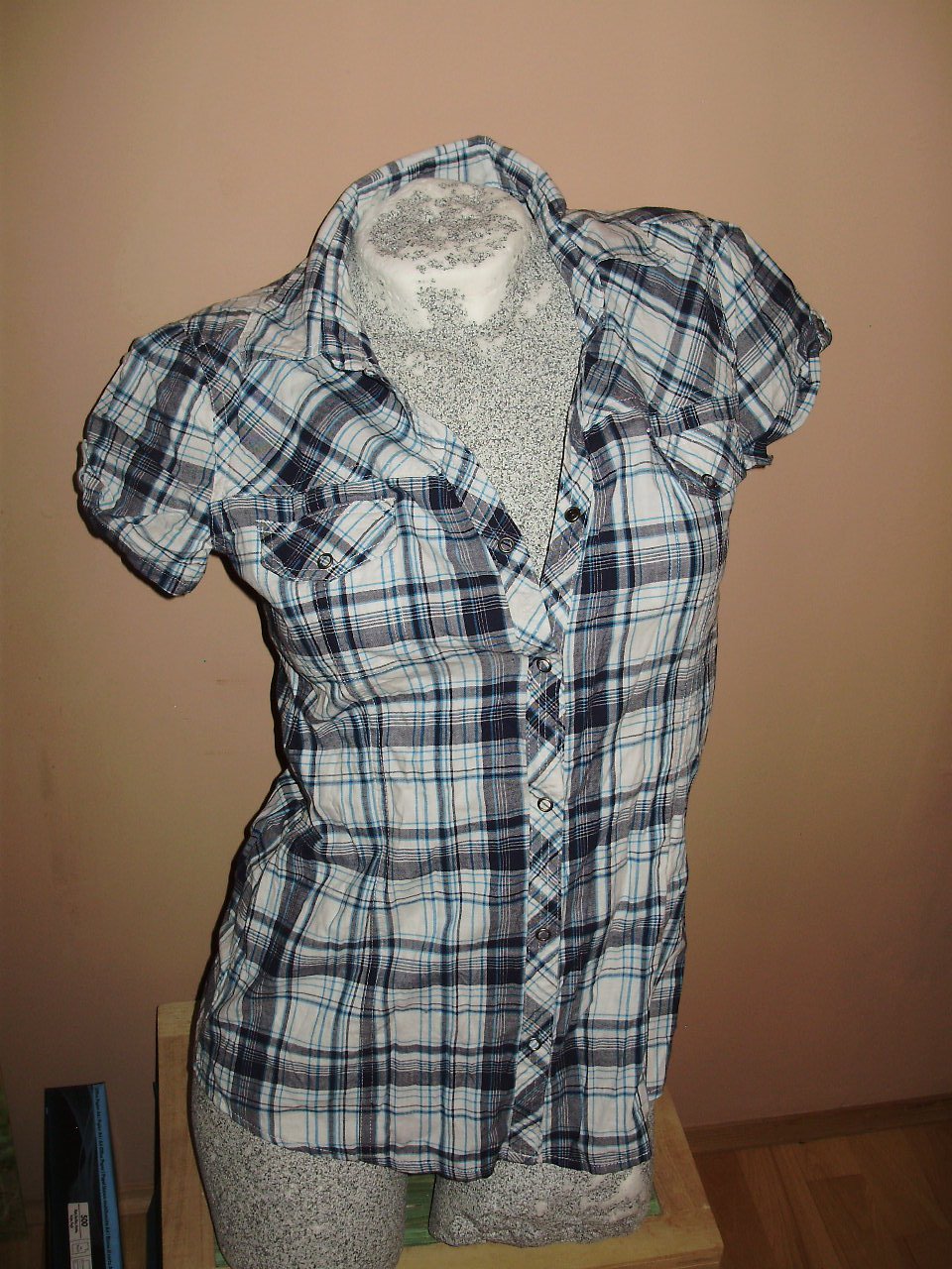 Bluse Kurzarm Karo blau S