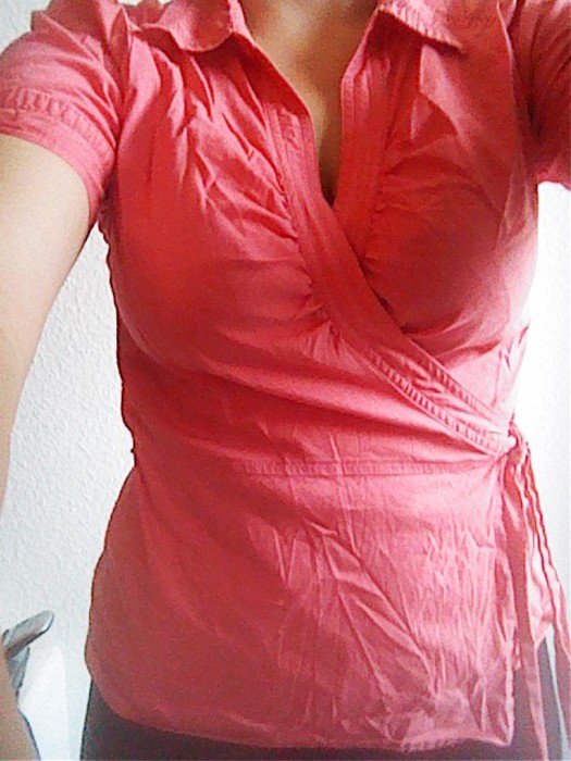 Bluse Wickelbluse koralle lachs Puffärmel kurzärmelig H&M Gr. 40